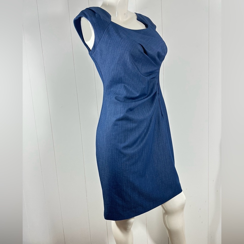 Calvin Klein Chambray Sz 10 Blue Side Pleat Sheath Cap Sleeve Dress Womens - Picture 4 of 10